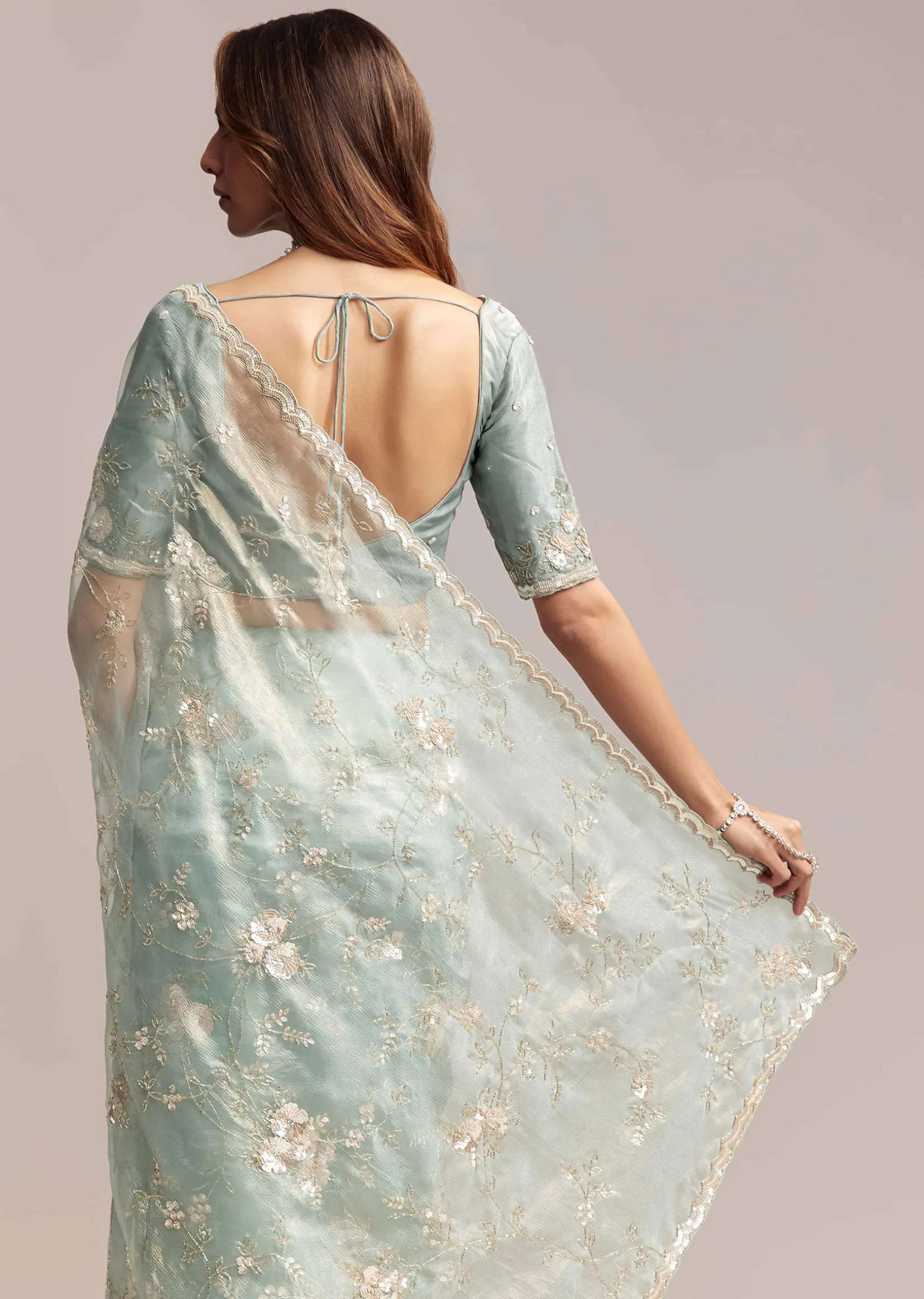 Blue Crush Tissue Saree With Heavy Floral Embroidery