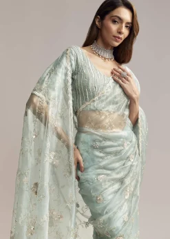 Blue Crush Tissue Saree With Heavy Floral Embroidery