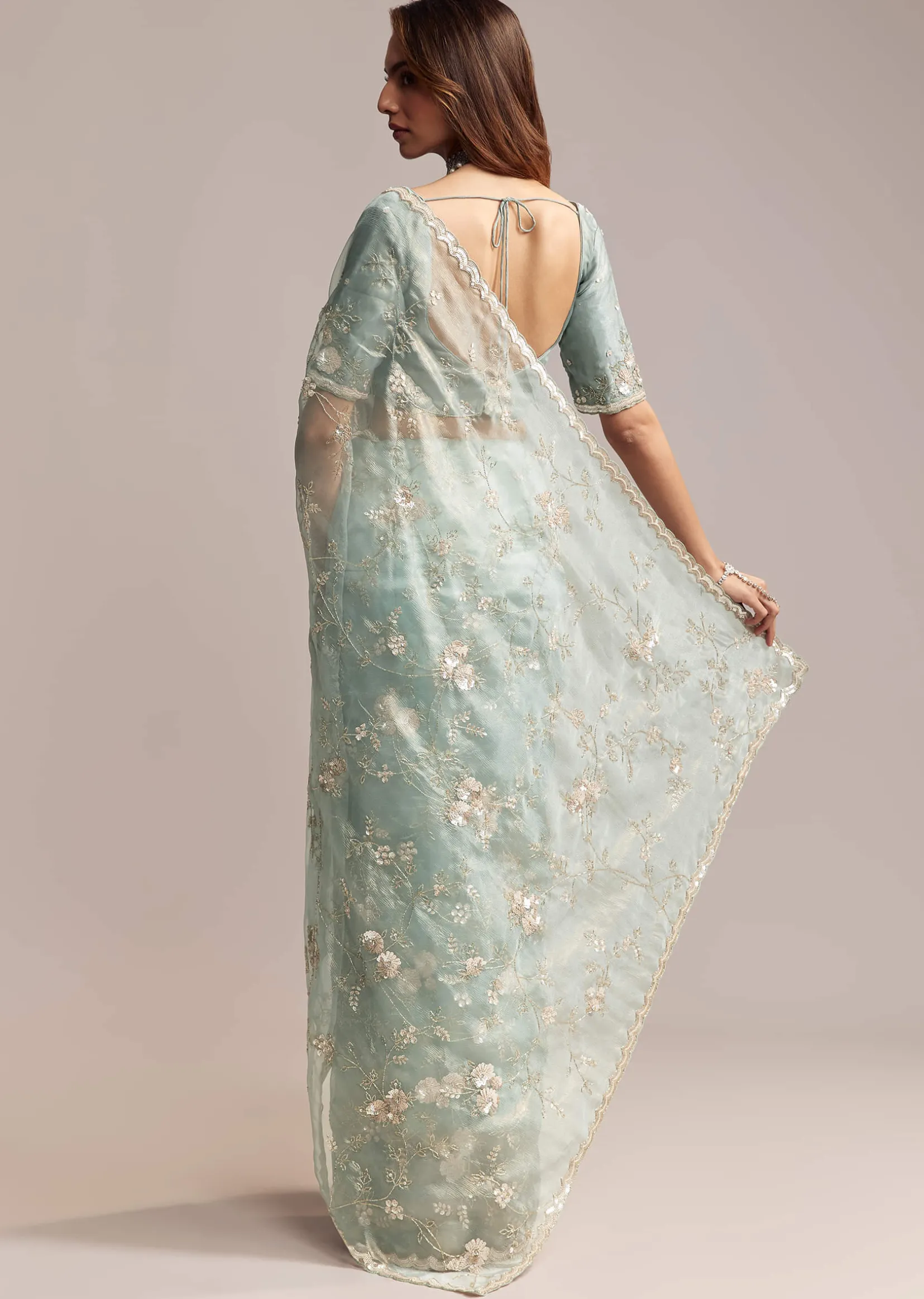 Blue Crush Tissue Saree With Heavy Floral Embroidery