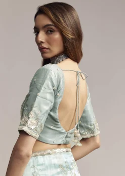 Blue Crush Tissue Saree With Heavy Floral Embroidery