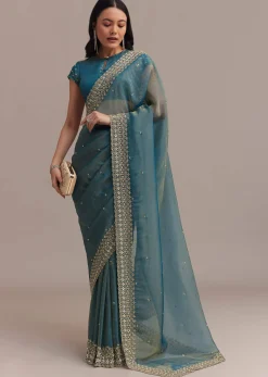 Blue Crushed Tissue Saree With Scallop Embellished Border