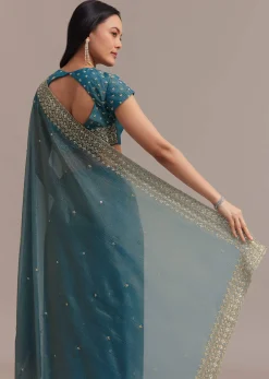 Blue Crushed Tissue Saree With Scallop Embellished Border