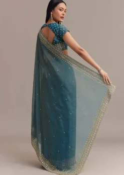 Blue Crushed Tissue Saree With Scallop Embellished Border