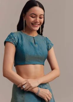 Blue Crushed Tissue Saree With Scallop Embellished Border