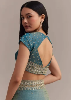 Blue Crushed Tissue Saree With Scallop Embellished Border