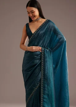 Blue Crushed Tissue Silk Saree With Cutdana Scallop Border