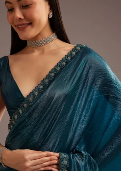 Blue Crushed Tissue Silk Saree With Cutdana Scallop Border