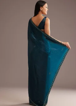 Blue Crushed Tissue Silk Saree With Cutdana Scallop Border
