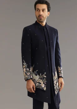 Blue Cutdana Embroidered Indo Western Set With Bird And Floral Motif