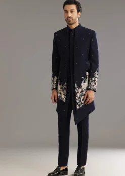 Blue Cutdana Embroidered Indo Western Set With Bird And Floral Motif