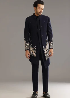 Blue Cutdana Embroidered Indo Western Set With Bird And Floral Motif