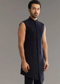 Blue Cutdana Embroidered Indo Western Set With Bird And Floral Motif
