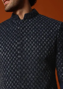 Blue Cutdana Embroidered Indowestern Suit For Men