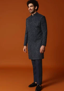 Blue Cutdana Embroidered Indowestern Suit For Men