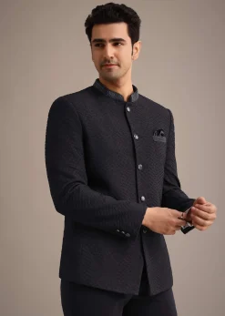 Blue Cutdana Work Jodhpuri And Pant Set With Pocket Square