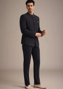 Blue Cutdana Work Jodhpuri And Pant Set With Pocket Square