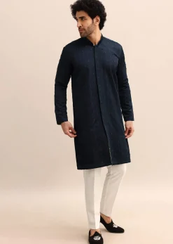 Blue Cutdana Work Kurta Set For Men