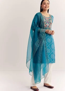Blue Dola Silk Printed Kurta Dupatta Set With Embroidered Neckline