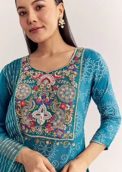 Blue Dola Silk Printed Kurta Dupatta Set With Embroidered Neckline