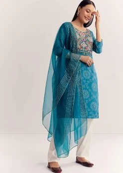 Blue Dola Silk Printed Kurta Dupatta Set With Embroidered Neckline