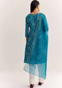 Blue Dola Silk Printed Kurta Dupatta Set With Embroidered Neckline