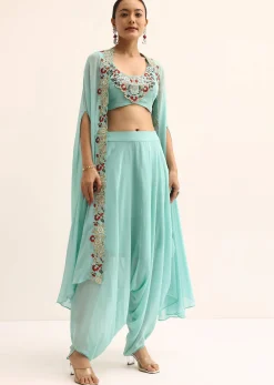 Blue Embellished Crop Top And Dhoti Set