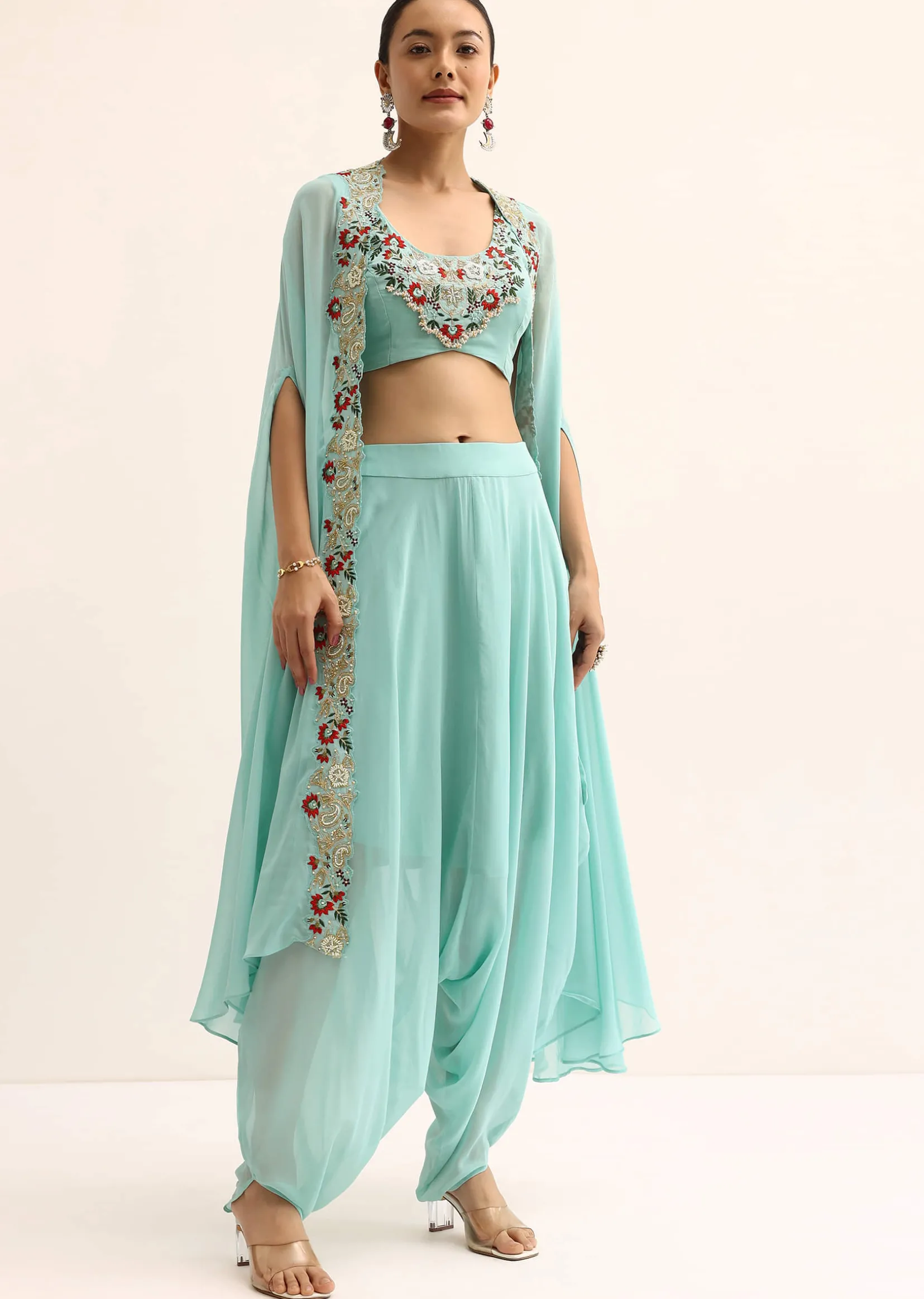 Blue Embellished Crop Top And Dhoti Set