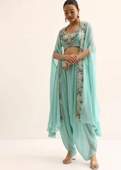 Blue Embellished Crop Top And Dhoti Set