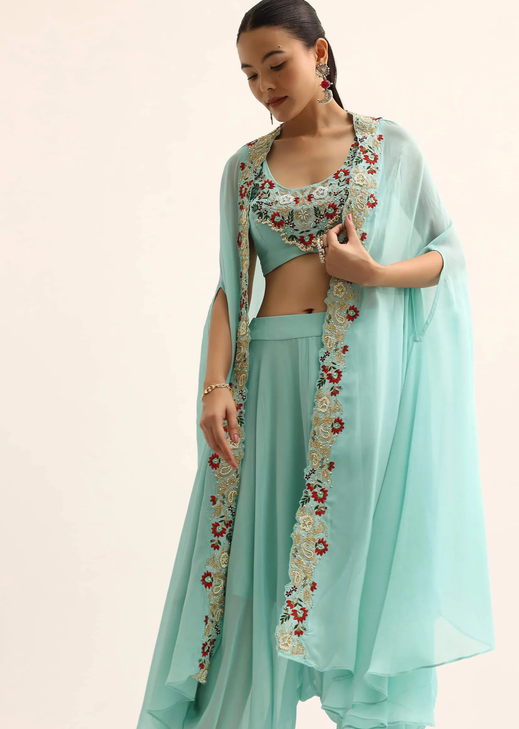 Blue Embellished Crop Top And Dhoti Set