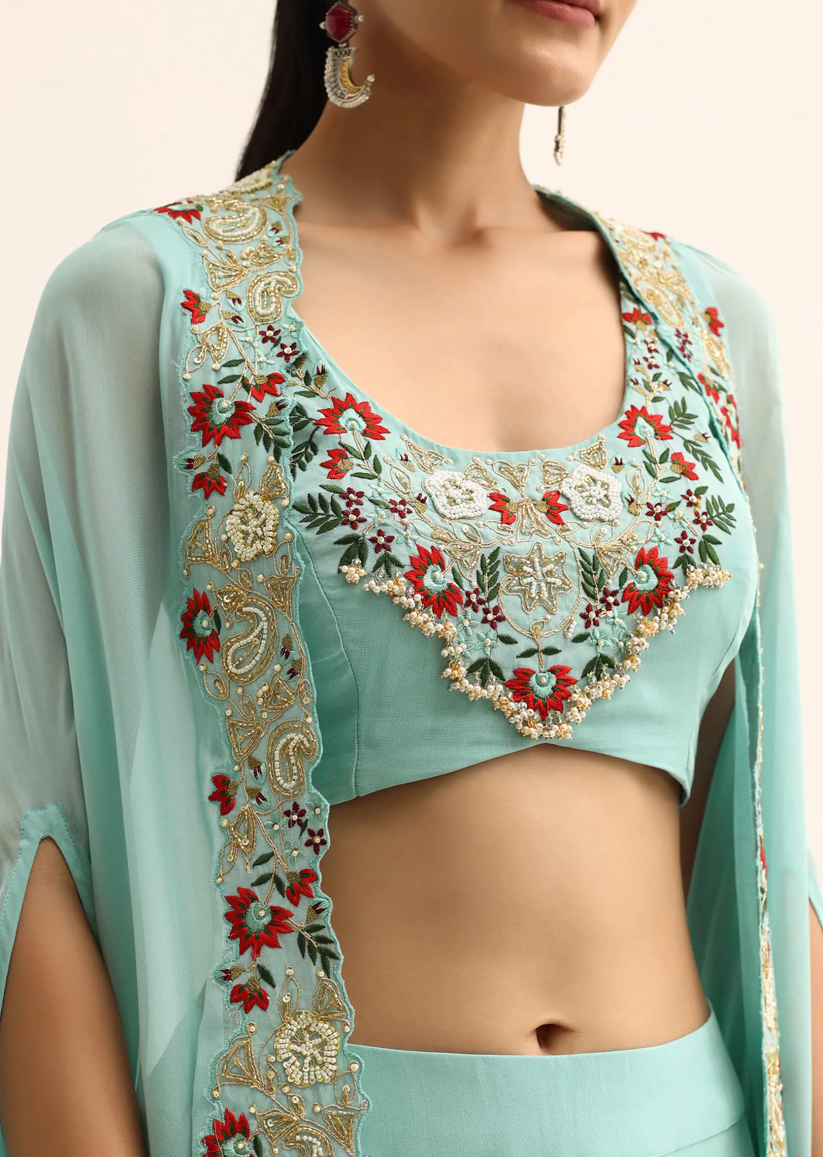 Blue Embellished Crop Top And Dhoti Set