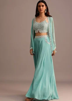Blue Embellished Croptop Palazzo Set With Organza Jacket