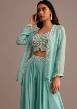 Blue Embellished Croptop Palazzo Set With Organza Jacket