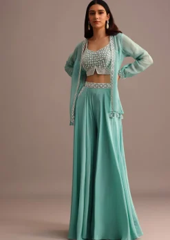 Blue Embellished Croptop Palazzo Set With Organza Jacket