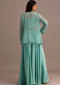 Blue Embellished Croptop Palazzo Set With Organza Jacket