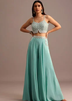 Blue Embellished Croptop Palazzo Set With Organza Jacket