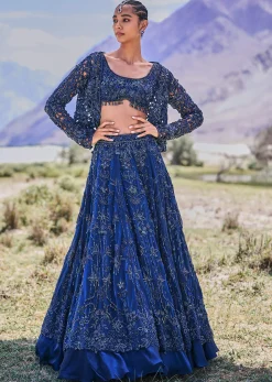 Blue Embroidered 10 Kali Lehenga With Blouse And Jacket