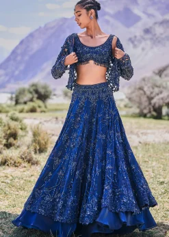 Blue Embroidered 10 Kali Lehenga With Blouse And Jacket