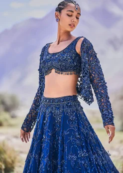 Blue Embroidered 10 Kali Lehenga With Blouse And Jacket
