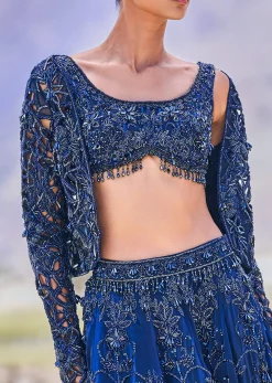 Blue Embroidered 10 Kali Lehenga With Blouse And Jacket
