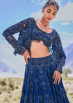 Blue Embroidered 10 Kali Lehenga With Blouse And Jacket