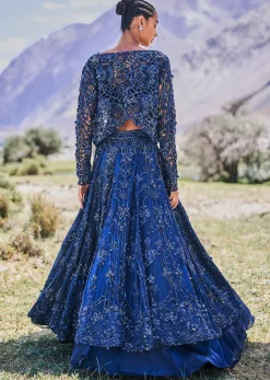 Blue Embroidered 10 Kali Lehenga With Blouse And Jacket