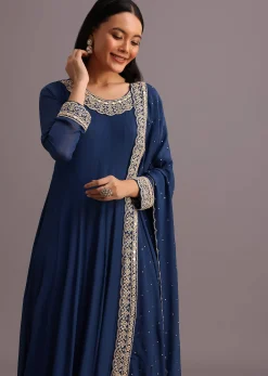 Blue Embroidered Anarkali Suit With Dupatta