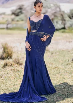 Blue Embroidered Asymmetric Fishcut Crepe Skirt With Blouse And Pallu