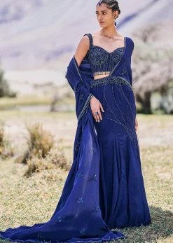 Blue Embroidered Asymmetric Fishcut Crepe Skirt With Blouse And Pallu
