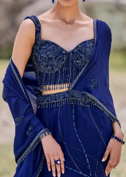 Blue Embroidered Asymmetric Fishcut Crepe Skirt With Blouse And Pallu