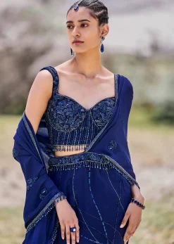 Blue Embroidered Asymmetric Fishcut Crepe Skirt With Blouse And Pallu