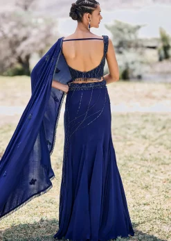Blue Embroidered Asymmetric Fishcut Crepe Skirt With Blouse And Pallu