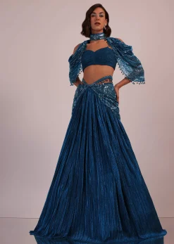 Blue Embroidered Bridal Lehenga And Blouse Set In Crushed Shimmer