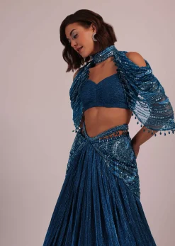 Blue Embroidered Bridal Lehenga And Blouse Set In Crushed Shimmer