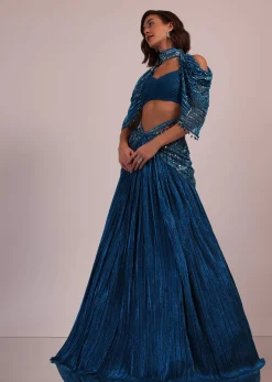 Blue Embroidered Bridal Lehenga And Blouse Set In Crushed Shimmer